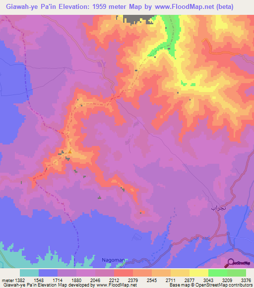 Giawah-ye Pa'in,Afghanistan Elevation Map