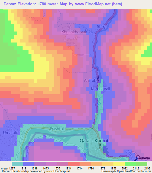 Darvaz,Tajikistan Elevation Map