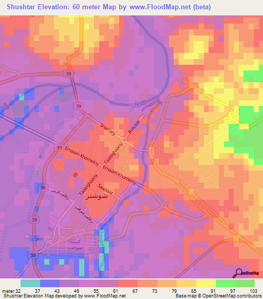 Shushtar,Iran Elevation Map