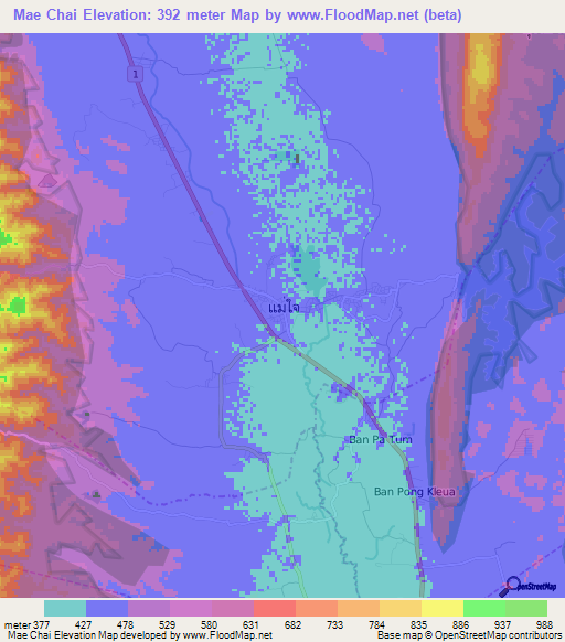 Mae Chai,Thailand Elevation Map