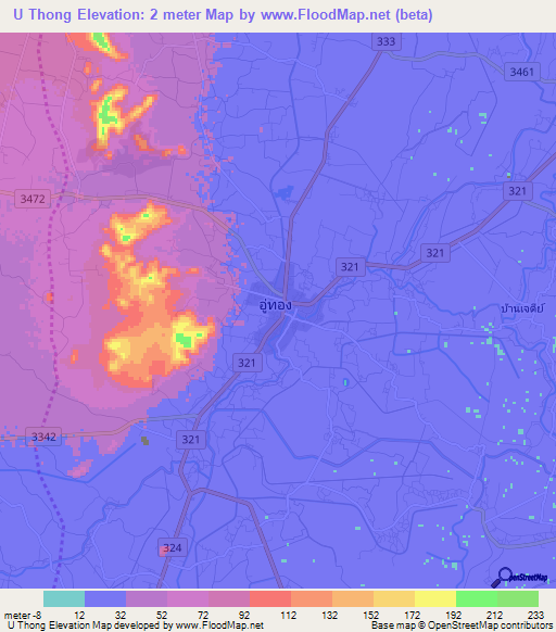 U Thong,Thailand Elevation Map