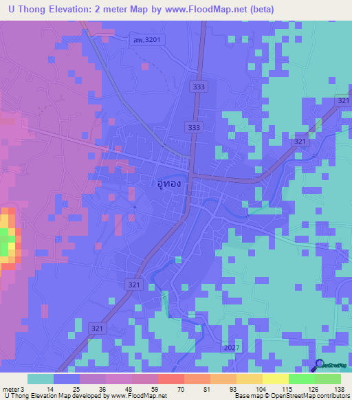 U Thong,Thailand Elevation Map
