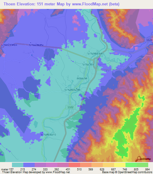 Thoen,Thailand Elevation Map