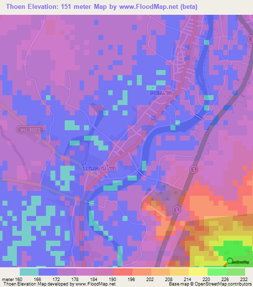 Thoen,Thailand Elevation Map
