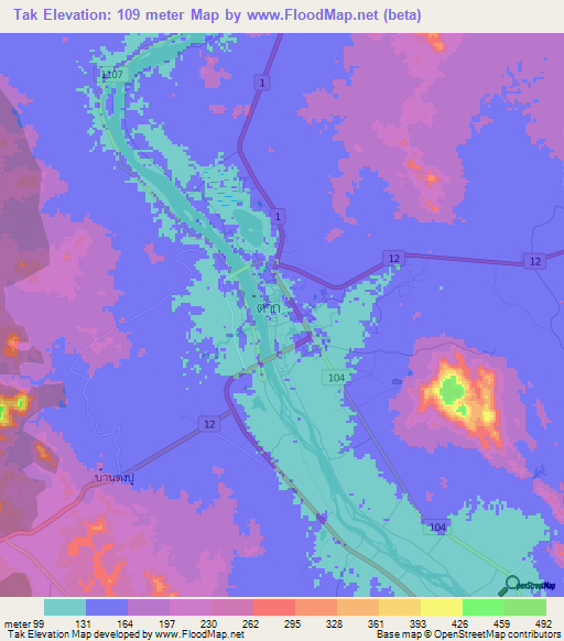 Tak,Thailand Elevation Map