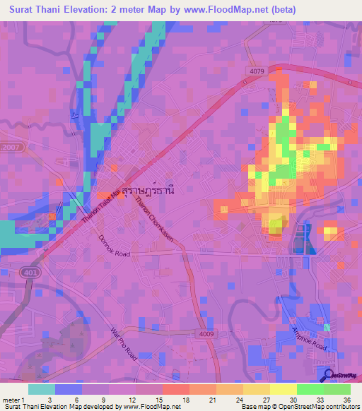 Surat Thani,Thailand Elevation Map