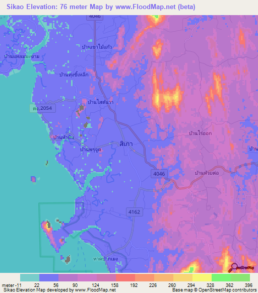 Sikao,Thailand Elevation Map