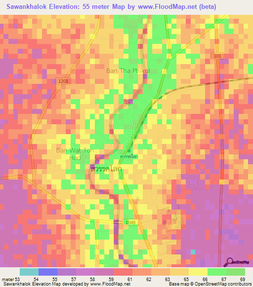 Sawankhalok,Thailand Elevation Map