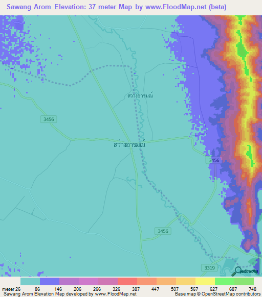 Sawang Arom,Thailand Elevation Map