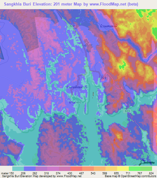 Sangkhla Buri,Thailand Elevation Map
