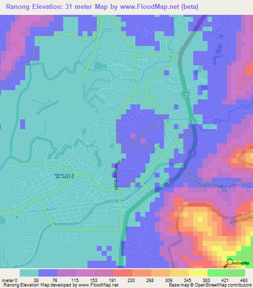 Ranong,Thailand Elevation Map