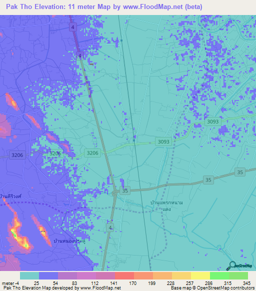 Pak Tho,Thailand Elevation Map