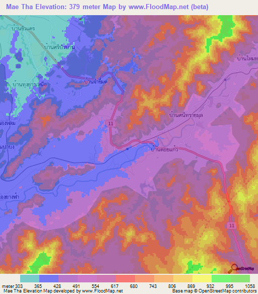 Mae Tha,Thailand Elevation Map
