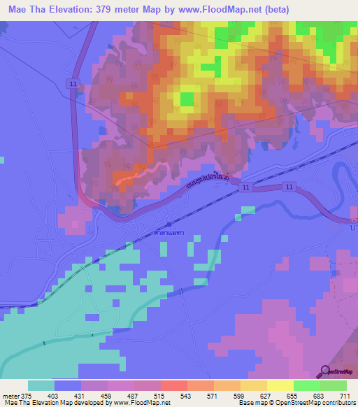 Mae Tha,Thailand Elevation Map