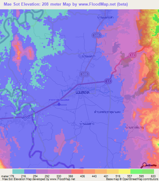 Mae Sot,Thailand Elevation Map