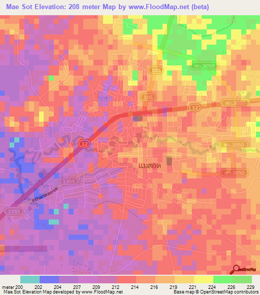 Mae Sot,Thailand Elevation Map