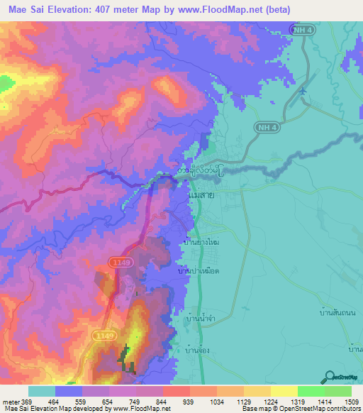 Mae Sai,Thailand Elevation Map