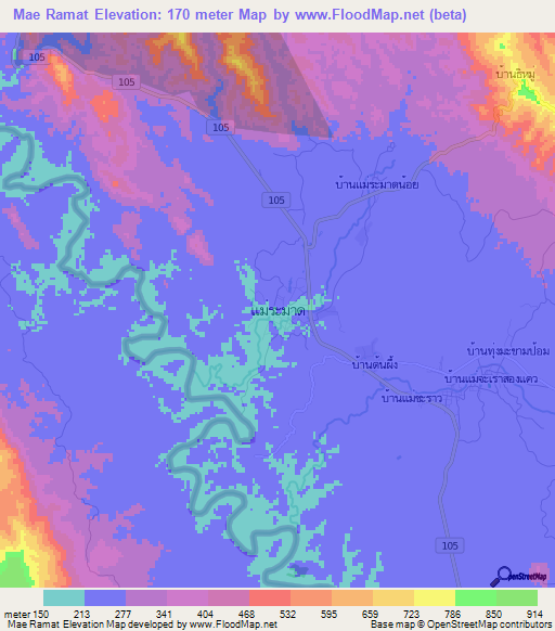 Mae Ramat,Thailand Elevation Map