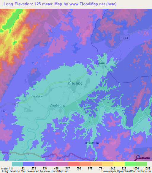 Long,Thailand Elevation Map