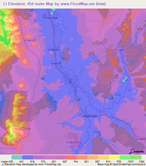 Li,Thailand Elevation Map