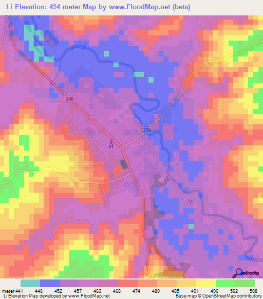 Li,Thailand Elevation Map