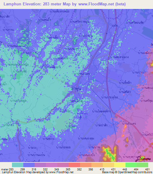 Lamphun,Thailand Elevation Map