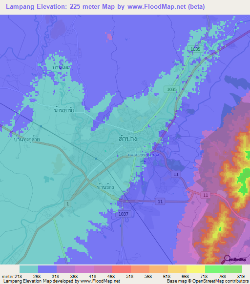 Lampang,Thailand Elevation Map