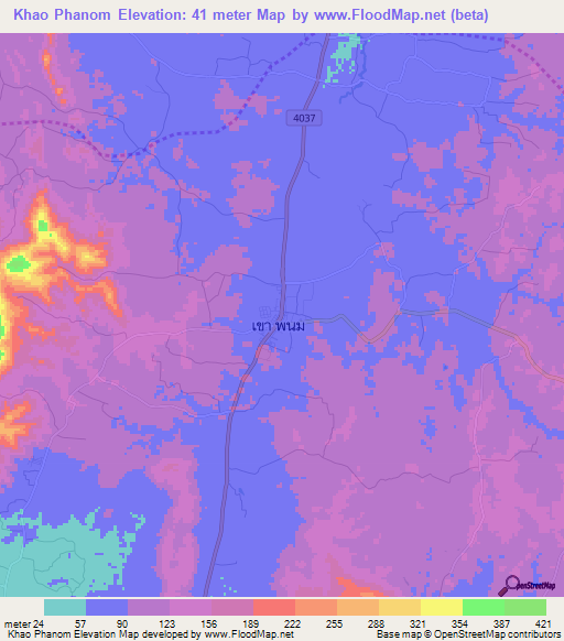 Khao Phanom,Thailand Elevation Map