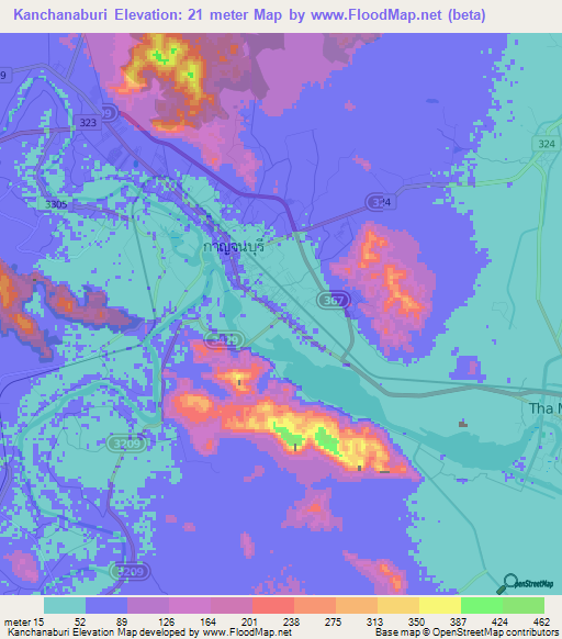 Kanchanaburi,Thailand Elevation Map