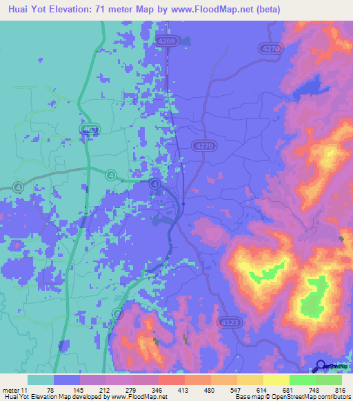Huai Yot,Thailand Elevation Map