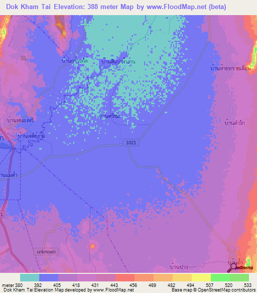Dok Kham Tai,Thailand Elevation Map
