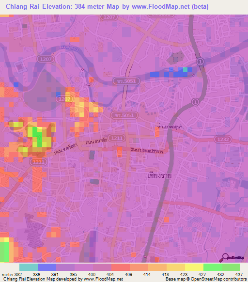 Chiang Rai,Thailand Elevation Map