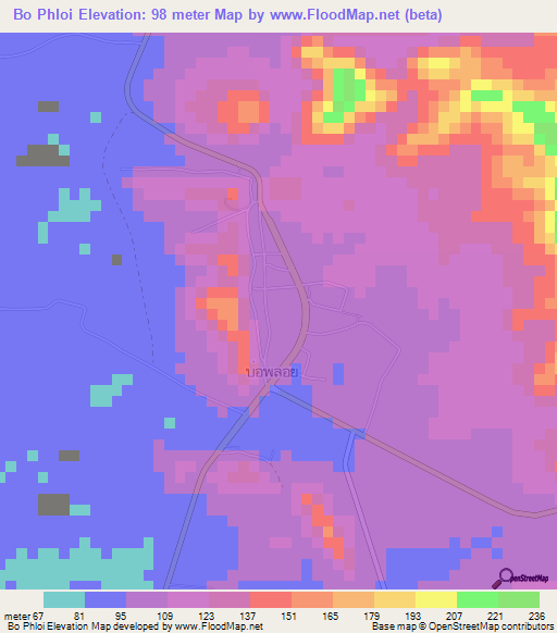 Bo Phloi,Thailand Elevation Map