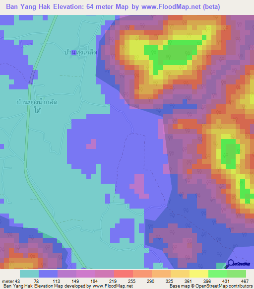 Ban Yang Hak,Thailand Elevation Map