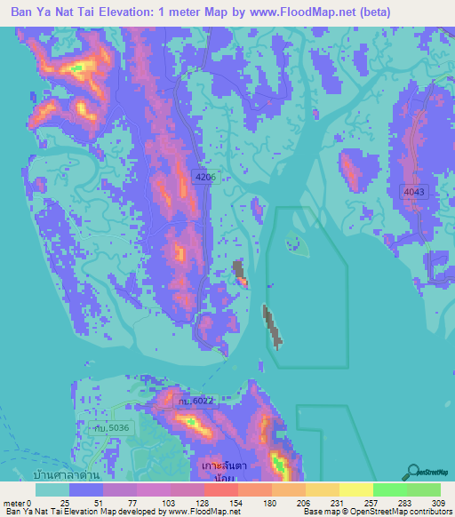 Ban Ya Nat Tai,Thailand Elevation Map