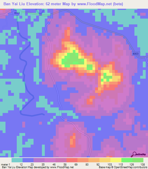 Ban Yai Liu,Thailand Elevation Map