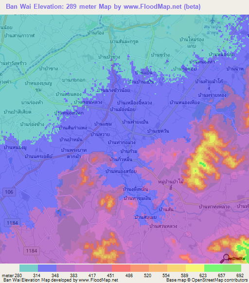 Ban Wai,Thailand Elevation Map