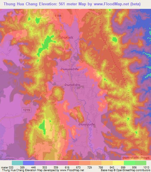 Thung Hua Chang,Thailand Elevation Map