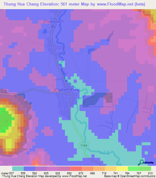 Thung Hua Chang,Thailand Elevation Map