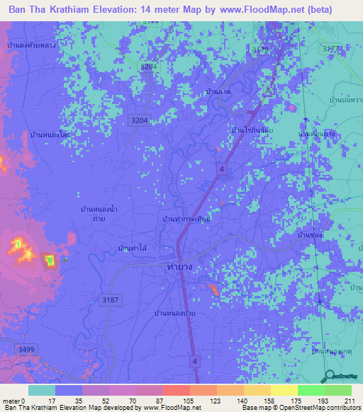 Ban Tha Krathiam,Thailand Elevation Map