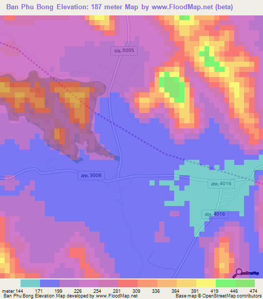 Ban Phu Bong,Thailand Elevation Map