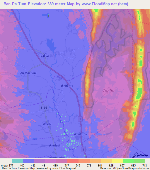 Ban Pa Tum,Thailand Elevation Map