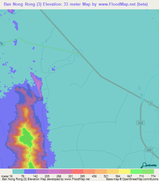 Ban Nong Rong (3),Thailand Elevation Map