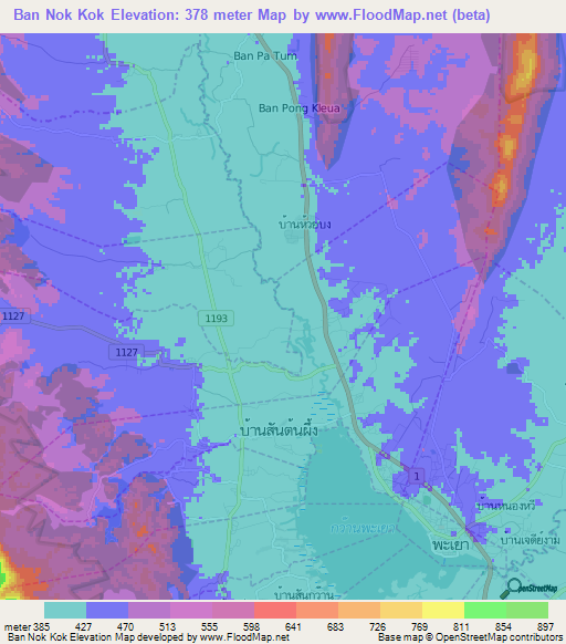 Ban Nok Kok,Thailand Elevation Map