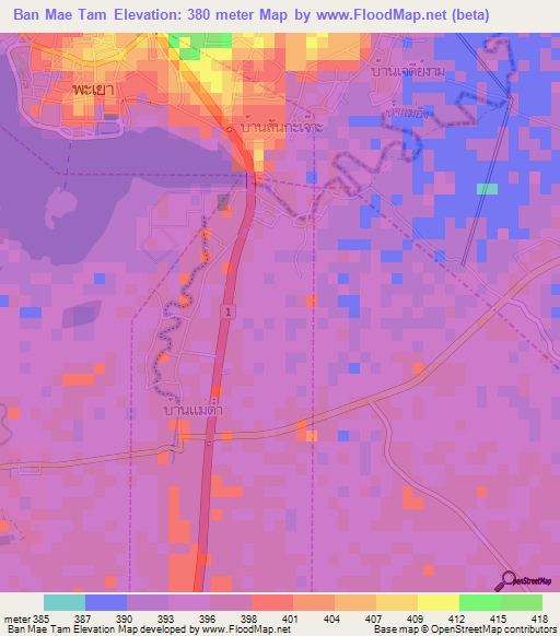 Ban Mae Tam,Thailand Elevation Map