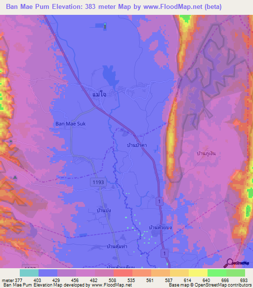 Ban Mae Pum,Thailand Elevation Map