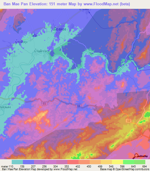 Ban Mae Pan,Thailand Elevation Map