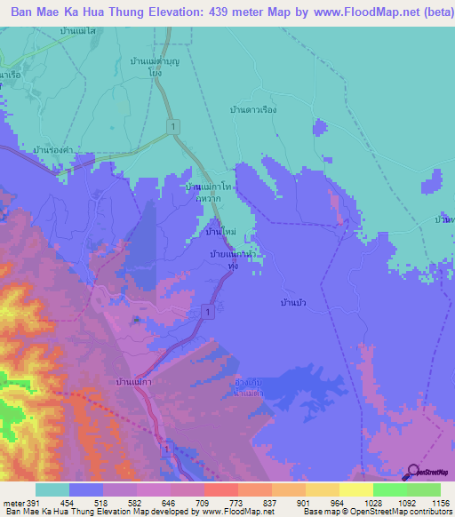 Ban Mae Ka Hua Thung,Thailand Elevation Map