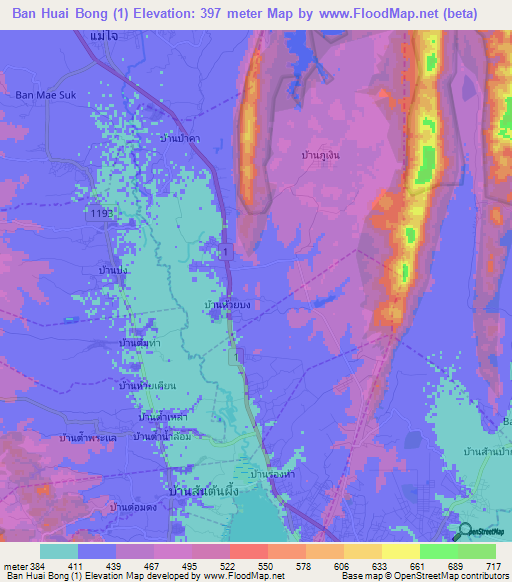 Ban Huai Bong (1),Thailand Elevation Map