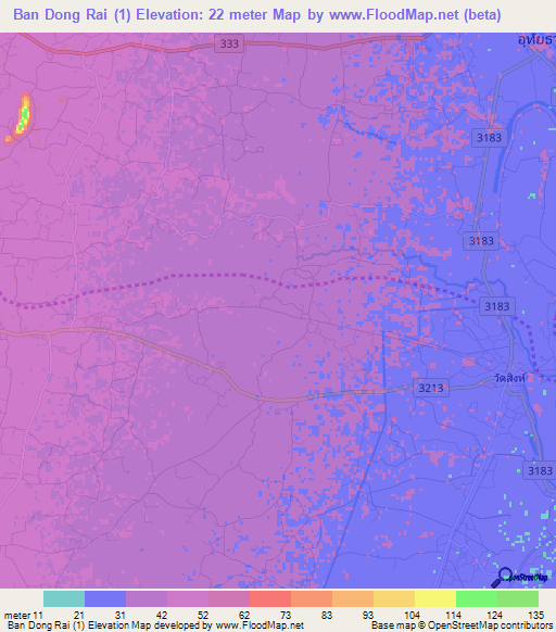 Ban Dong Rai (1),Thailand Elevation Map